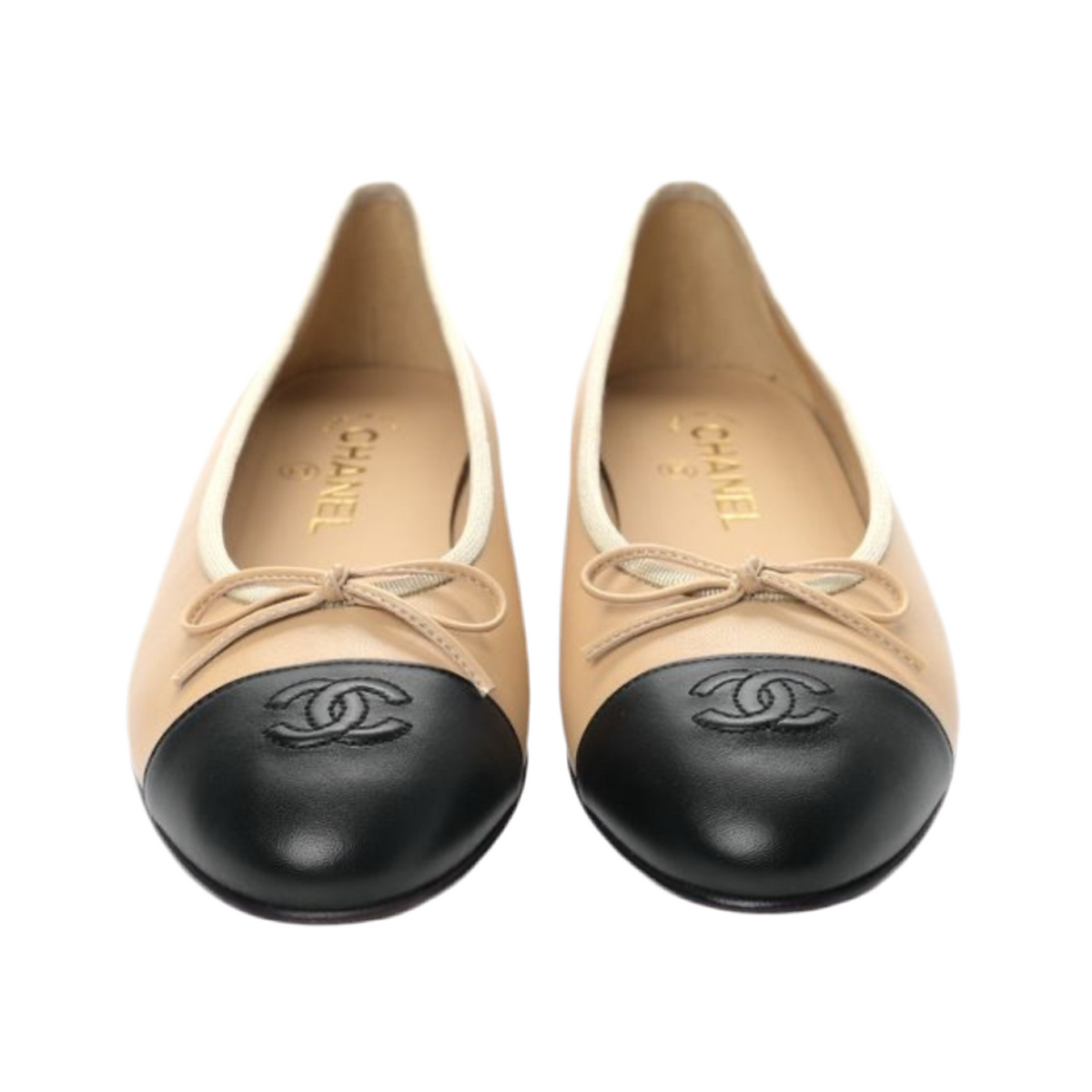 Chanel Beige/Black Leather CC Bow Cap Toe Ballet Flats