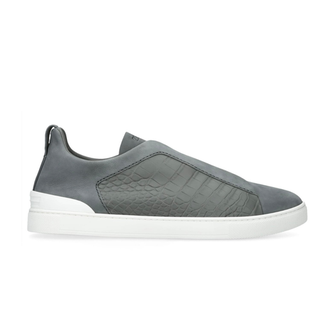 ZEGNA GREY CROCODILE LEATHER TRIPLE STITCH SECONDSKIN SNEAKERS