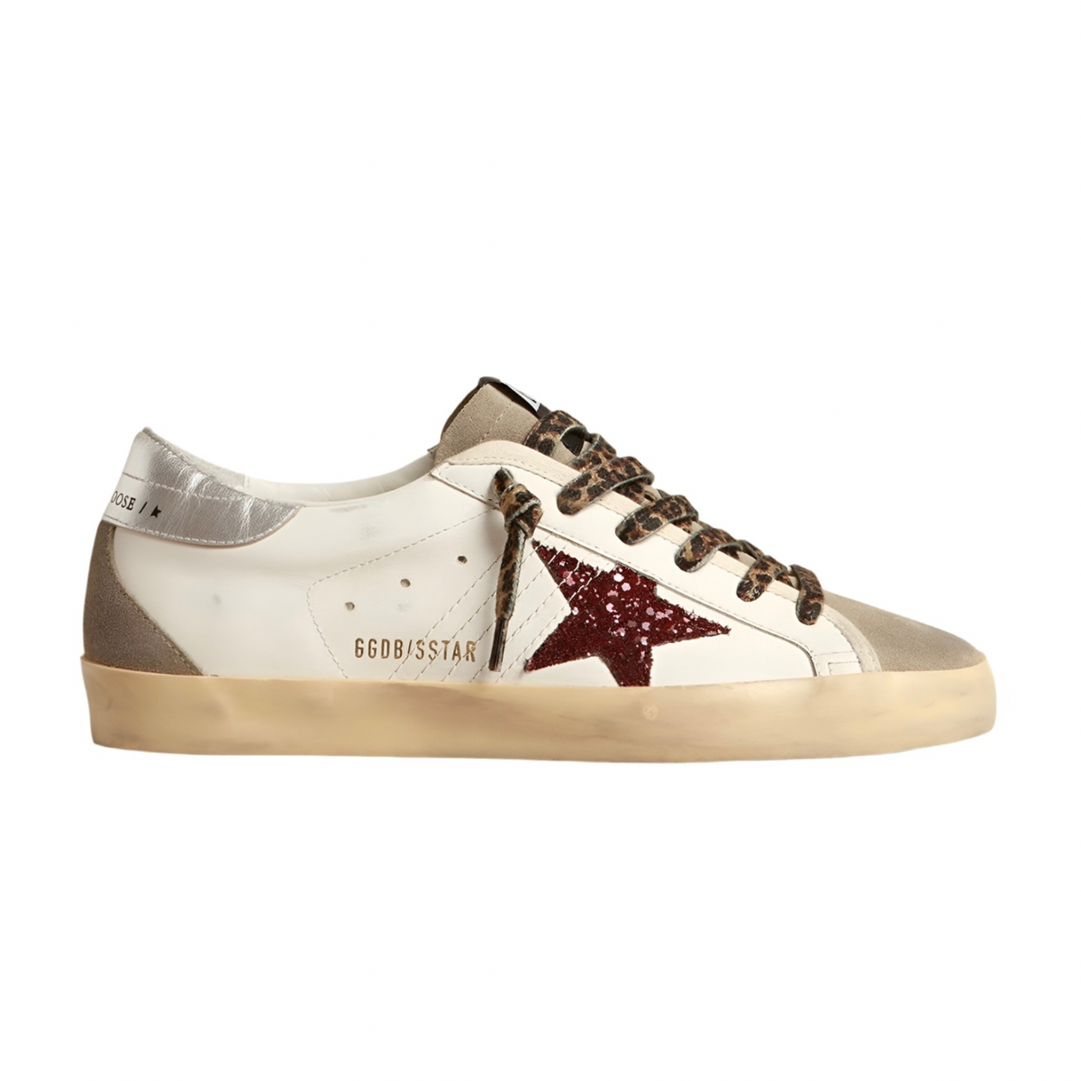 Golden Goose Super-Star with burgundy glitter star and silver heel tab(Women's)