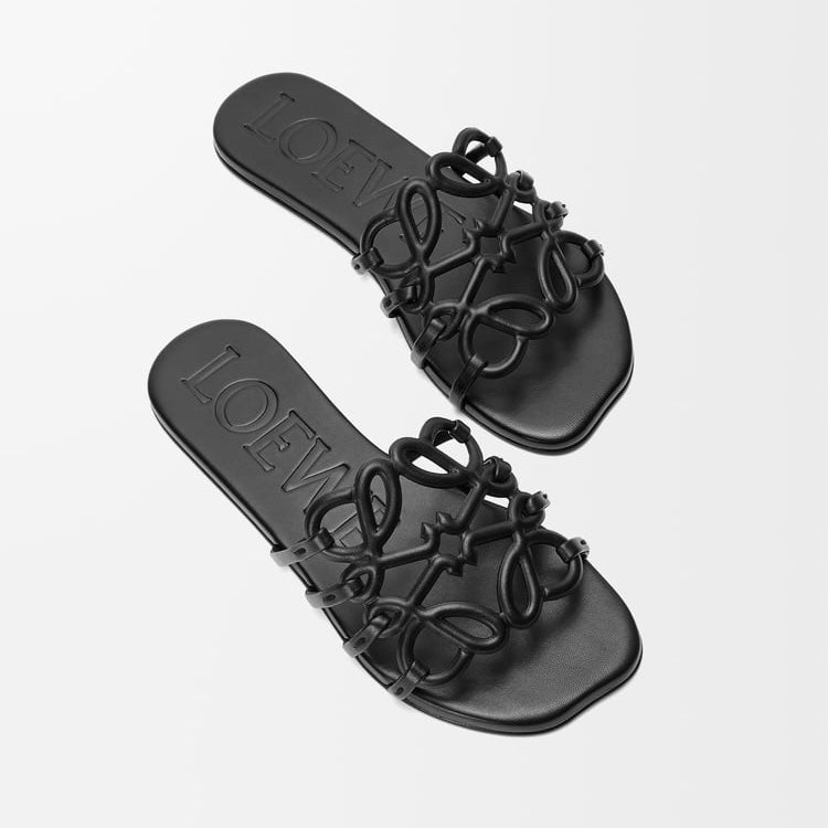 Loewe Petal Anagram leather slides 'All Black'