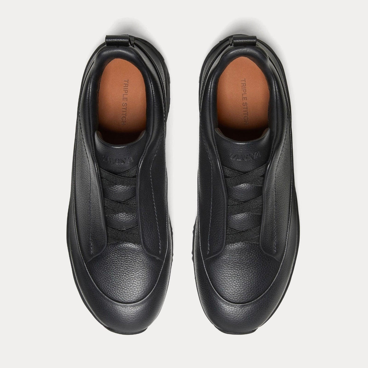 Zegna - Triple Stitch Monte Grained Calf Leather Black Slip On Sneakers